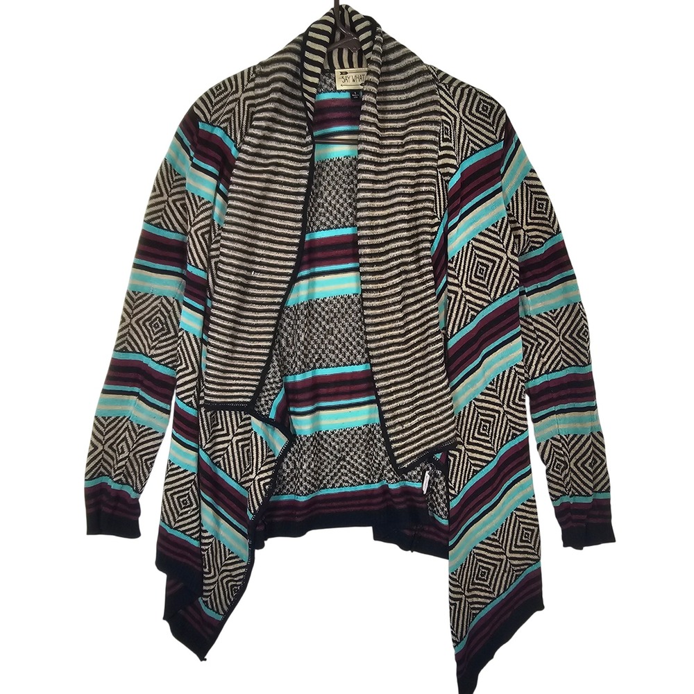 Say What Womens Small Open Front Cardigan Geometric Tribal Stripe Teal Burgundy